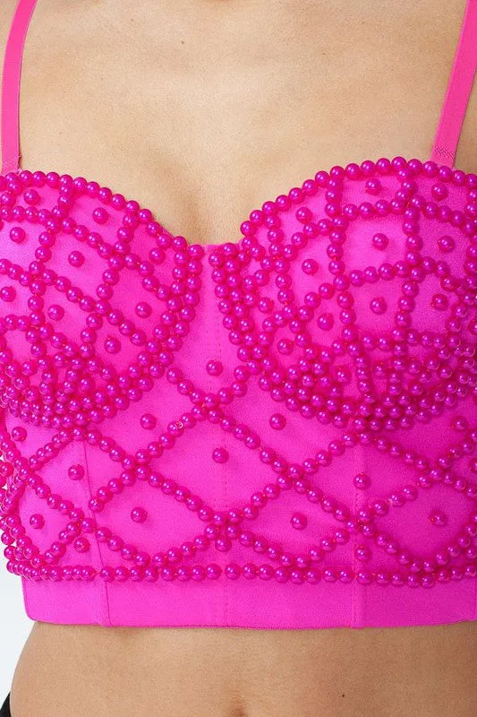 Fuchsia Pearl Criss Cross Pattern Corset Crop Top