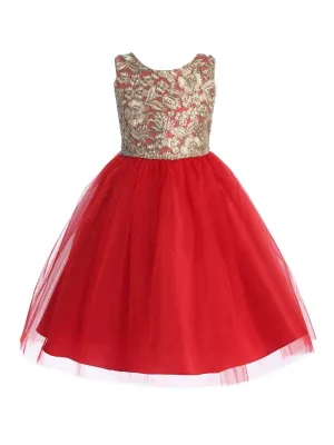 Girls Multi Color Gold Embroidered Lace V Back & Bow Flower Girl Christmas Dress 2-12