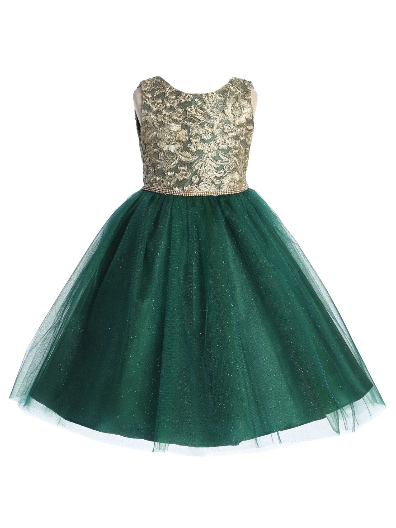 Girls Multi Color Gold Embroidered Lace V Back & Bow Flower Girl Christmas Dress 2-12