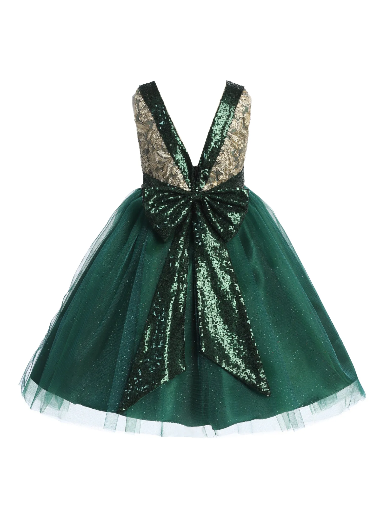 Girls Multi Color Gold Embroidered Lace V Back & Bow Flower Girl Christmas Dress 2-12