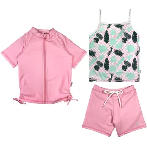 Girls Short Sleeve Rash Guard   Tankini Shorts Set (3 Piece) - "Palm Breeze"