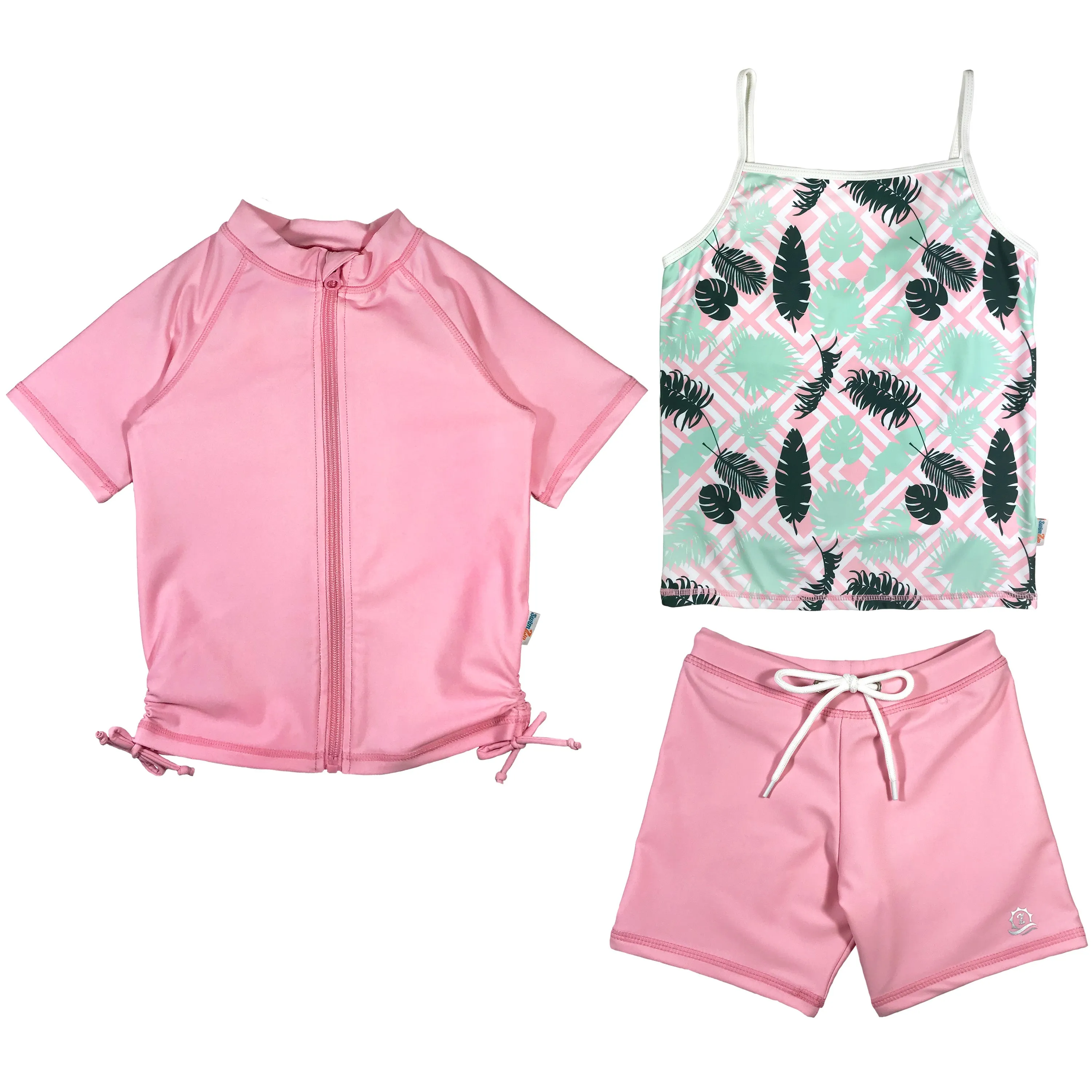 Girls Short Sleeve Rash Guard   Tankini Shorts Set (3 Piece) - "Palm Breeze"