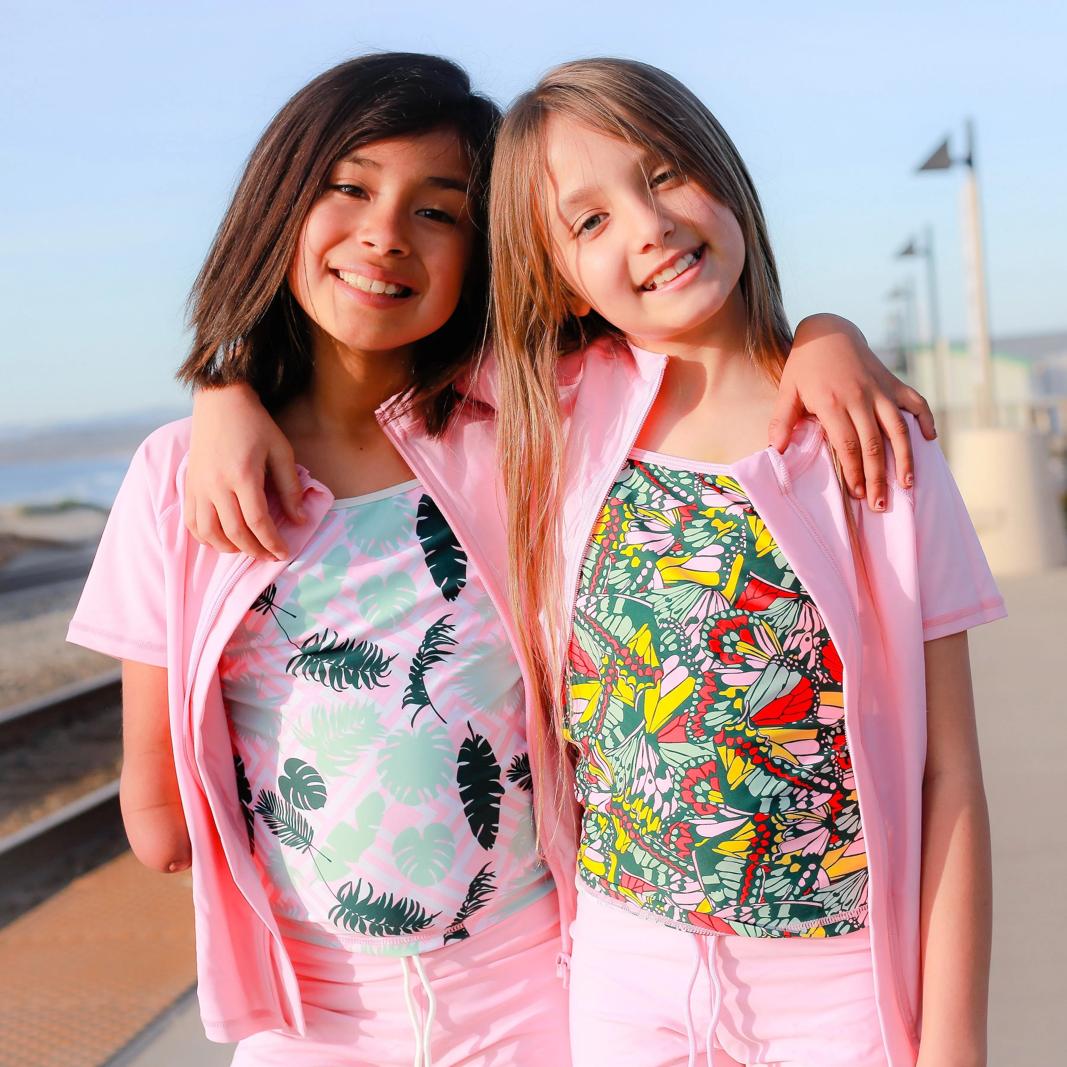 Girls Short Sleeve Rash Guard   Tankini Shorts Set (3 Piece) - "Palm Breeze"