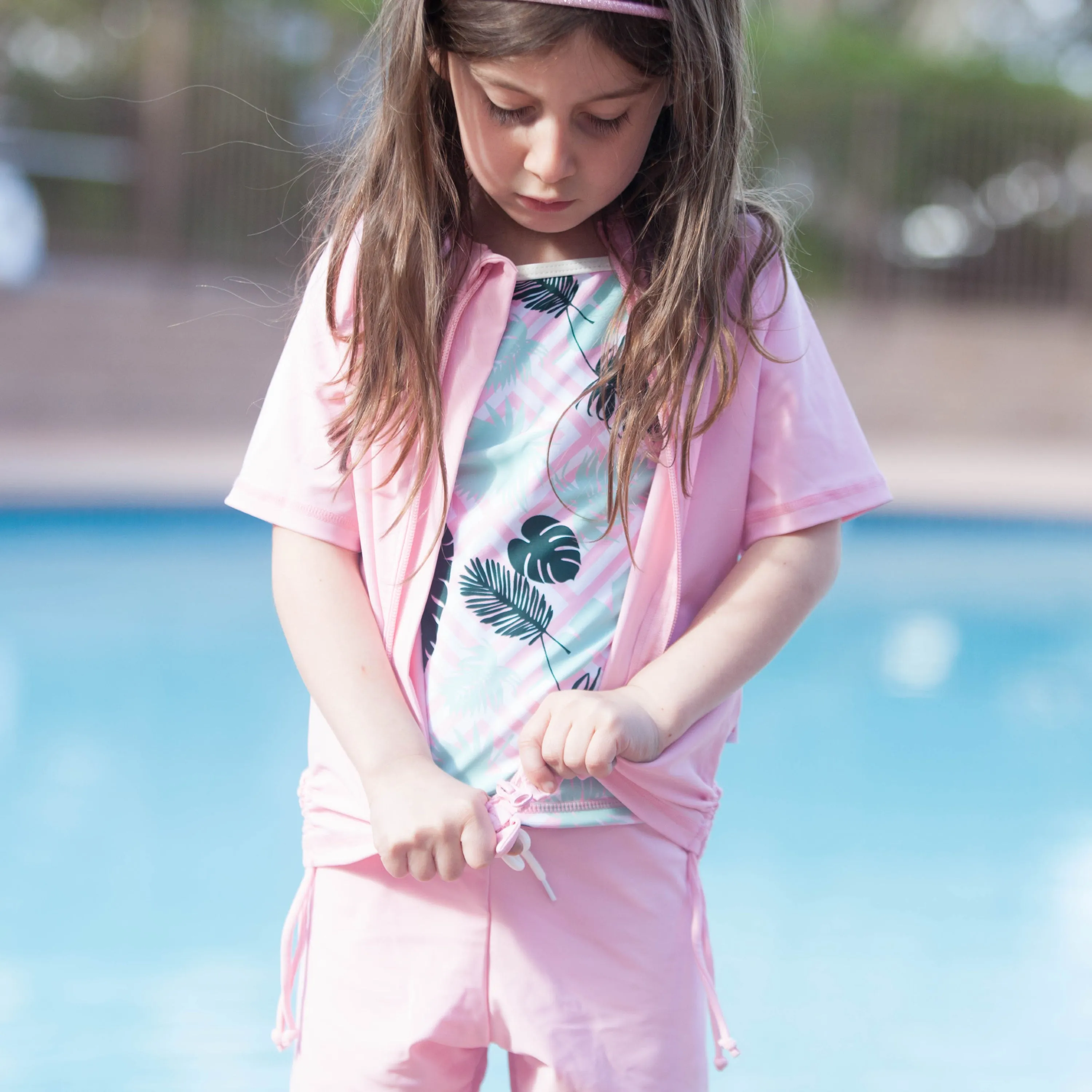 Girls Short Sleeve Rash Guard   Tankini Shorts Set (3 Piece) - "Palm Breeze"