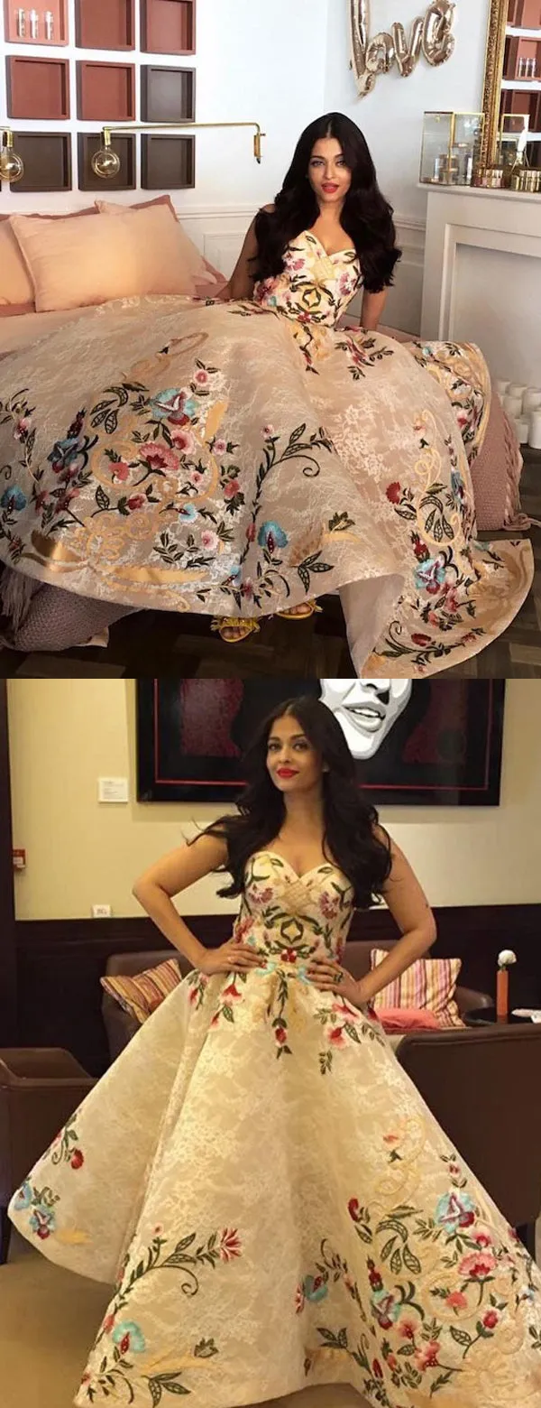 Gorgeous Colorful Floral Embroidery Lace Strapless Ball Gown Prom Dresses,PD00291