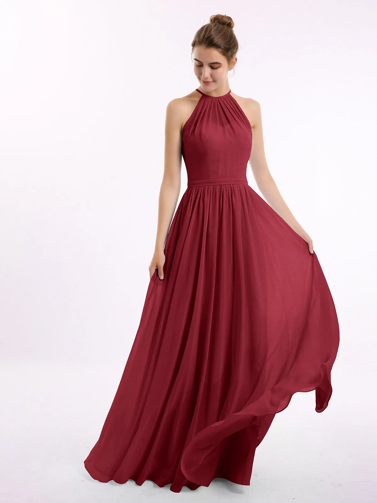 Halter Long Chiffon Gowns with Double Straps-Burgundy
