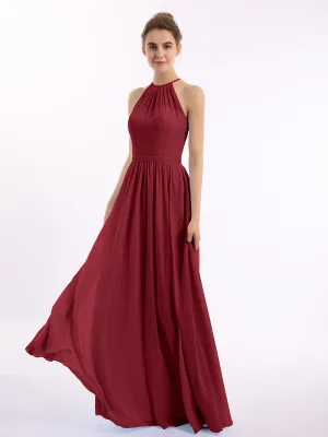 Halter Long Chiffon Gowns with Double Straps-Burgundy