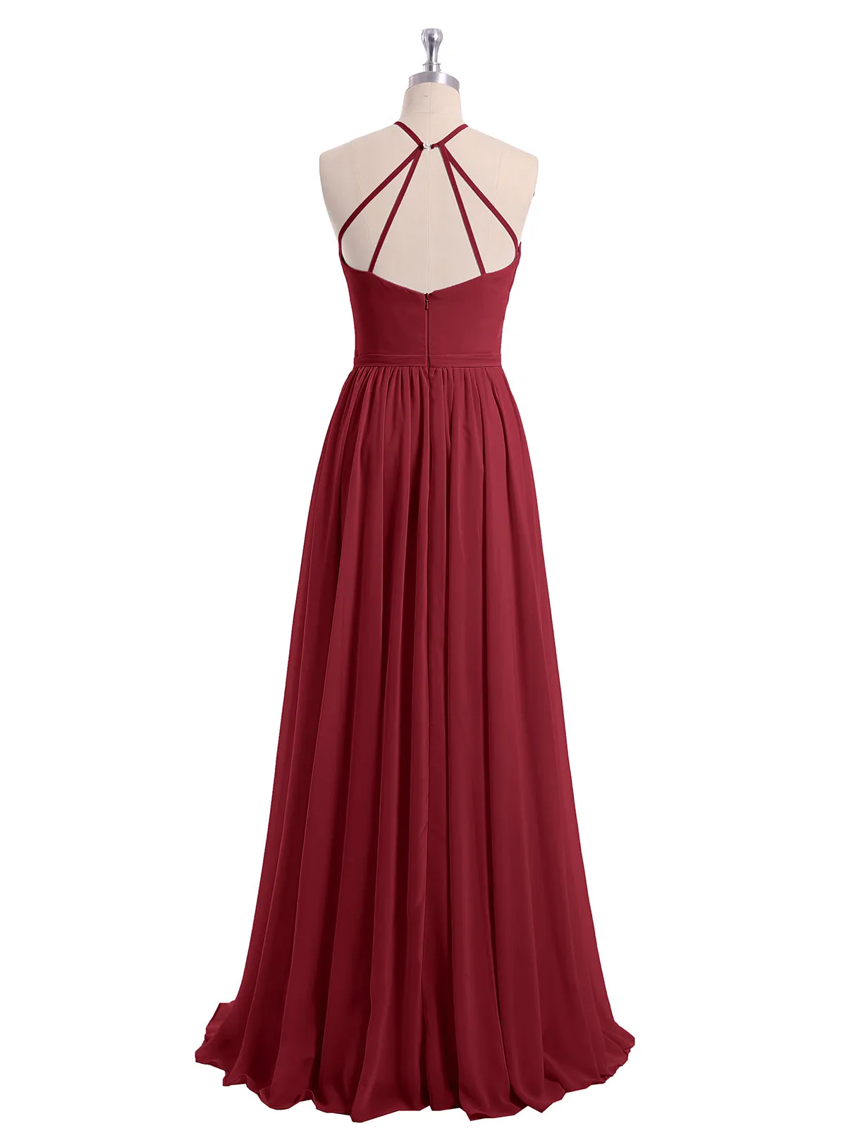 Halter Long Chiffon Gowns with Double Straps-Burgundy