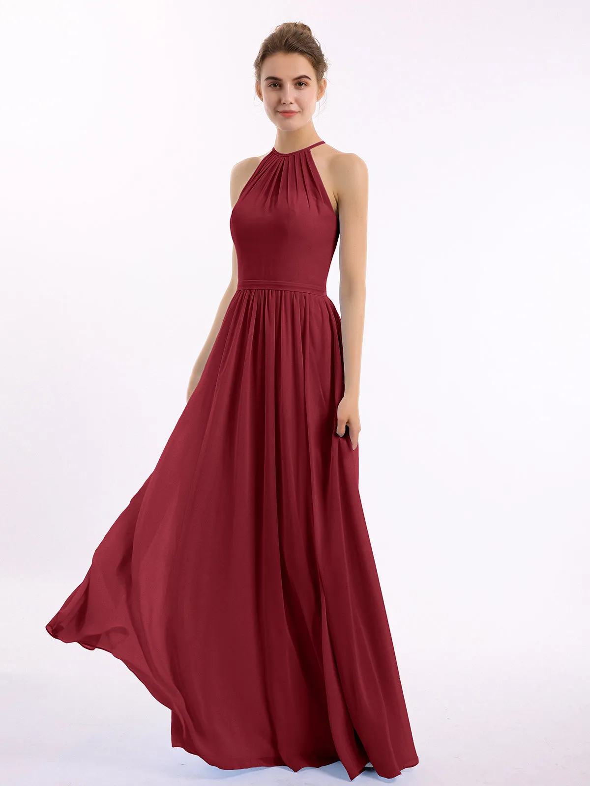Halter Long Chiffon Gowns with Double Straps-Burgundy