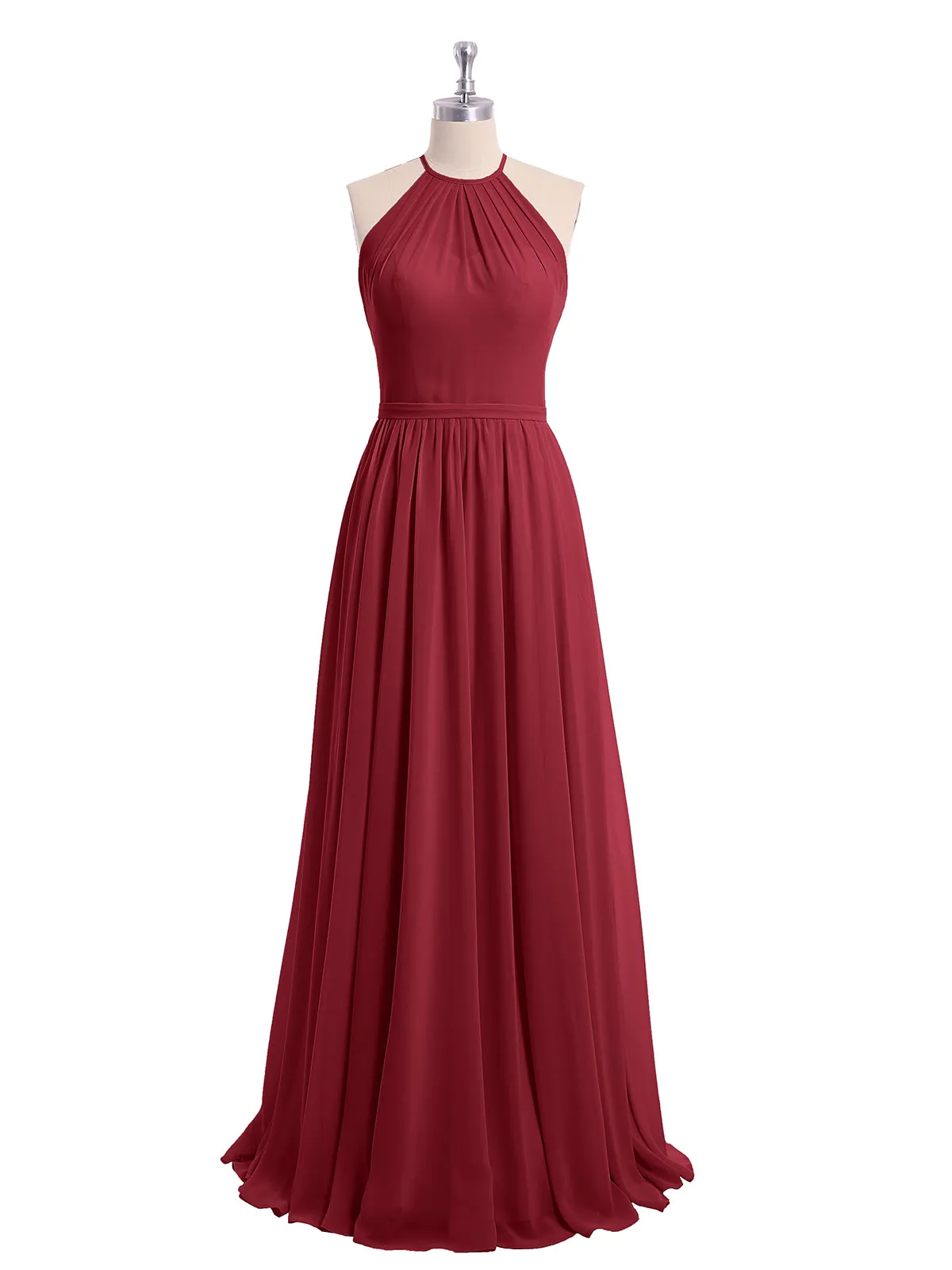 Halter Long Chiffon Gowns with Double Straps-Burgundy