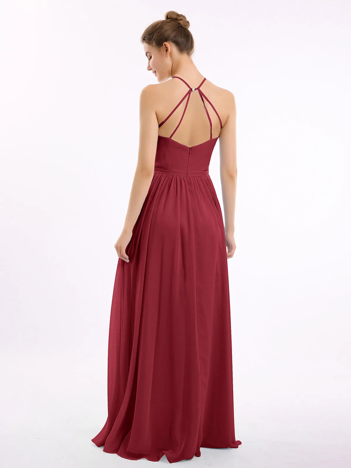 Halter Long Chiffon Gowns with Double Straps-Burgundy