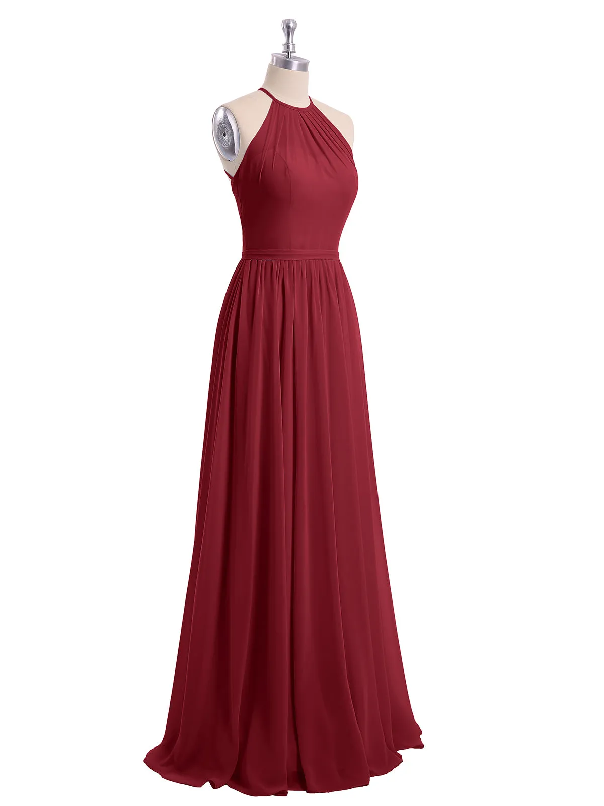 Halter Long Chiffon Gowns with Double Straps-Burgundy