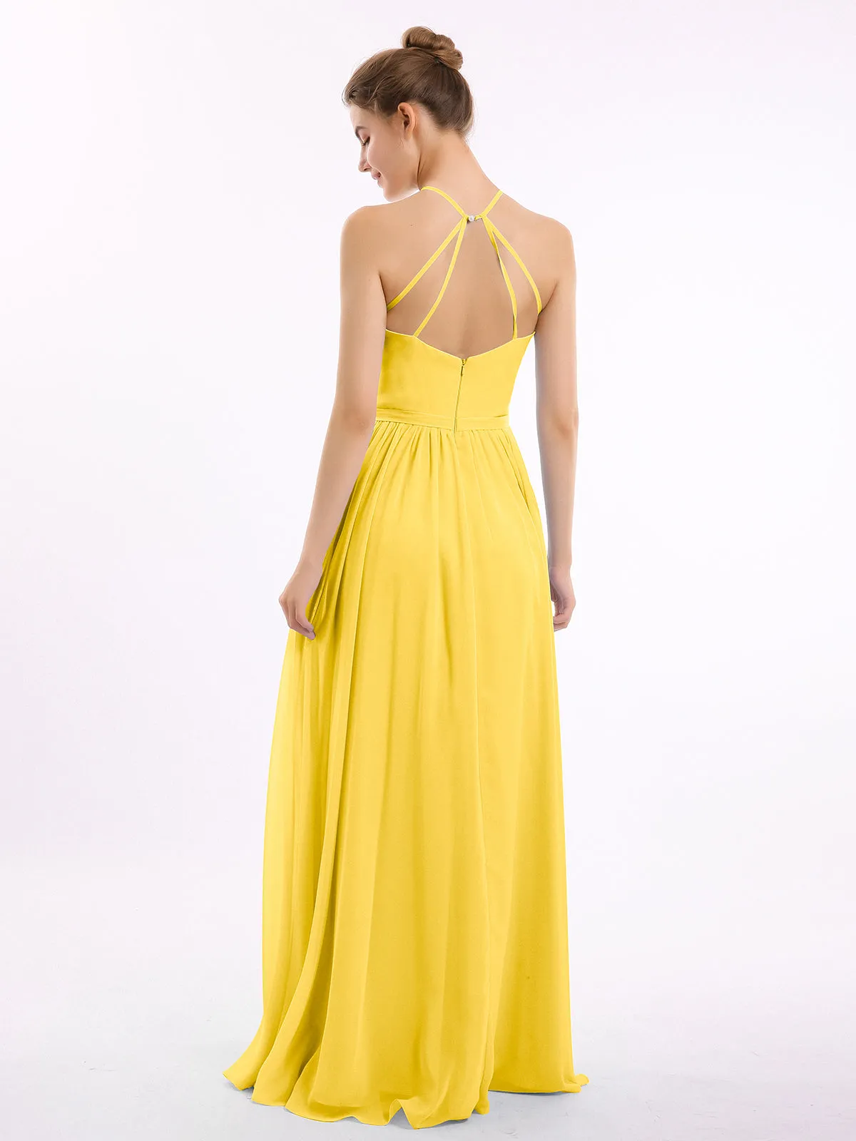 Halter Long Chiffon Gowns with Double Straps-Marigold