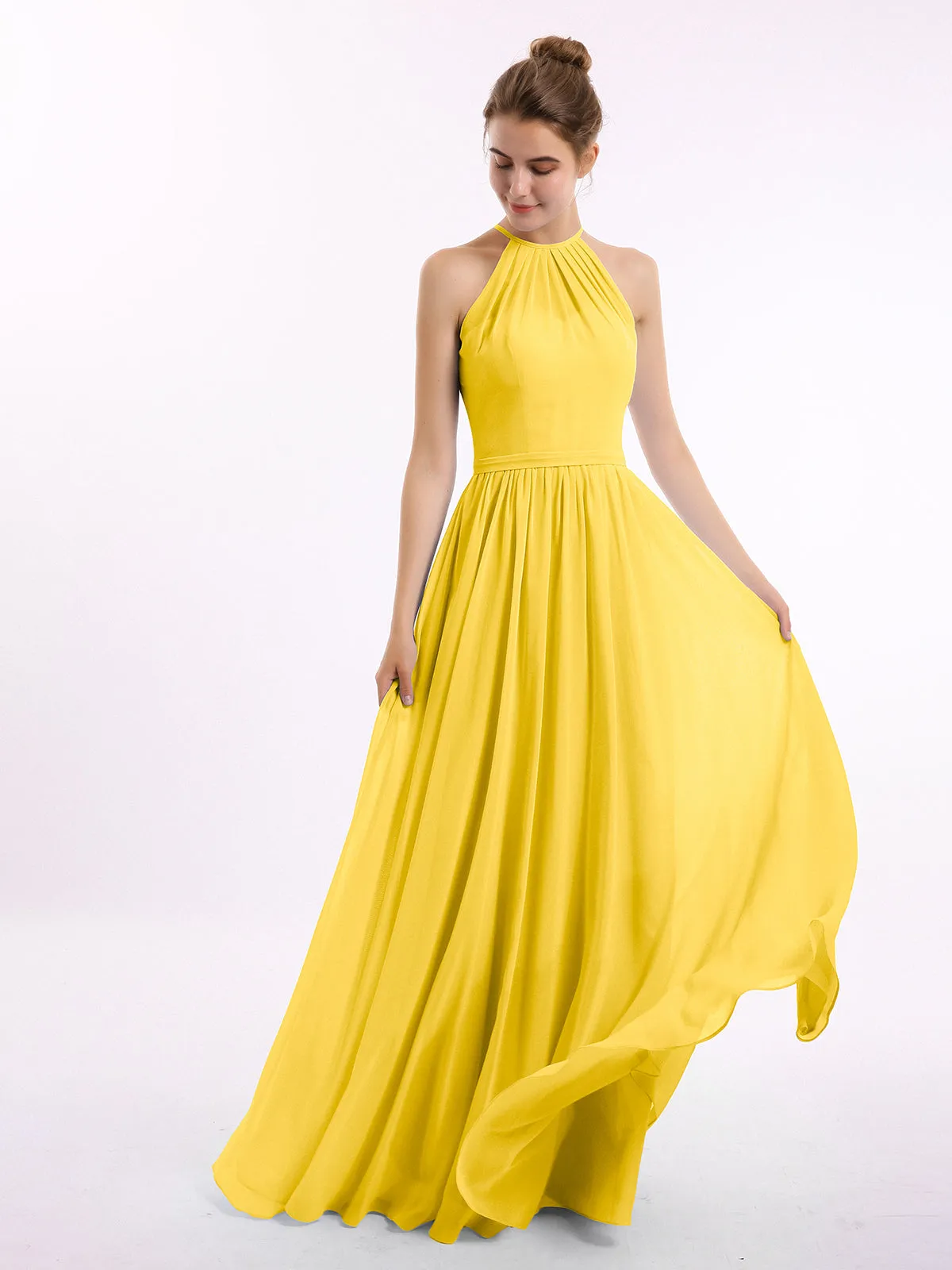 Halter Long Chiffon Gowns with Double Straps-Marigold