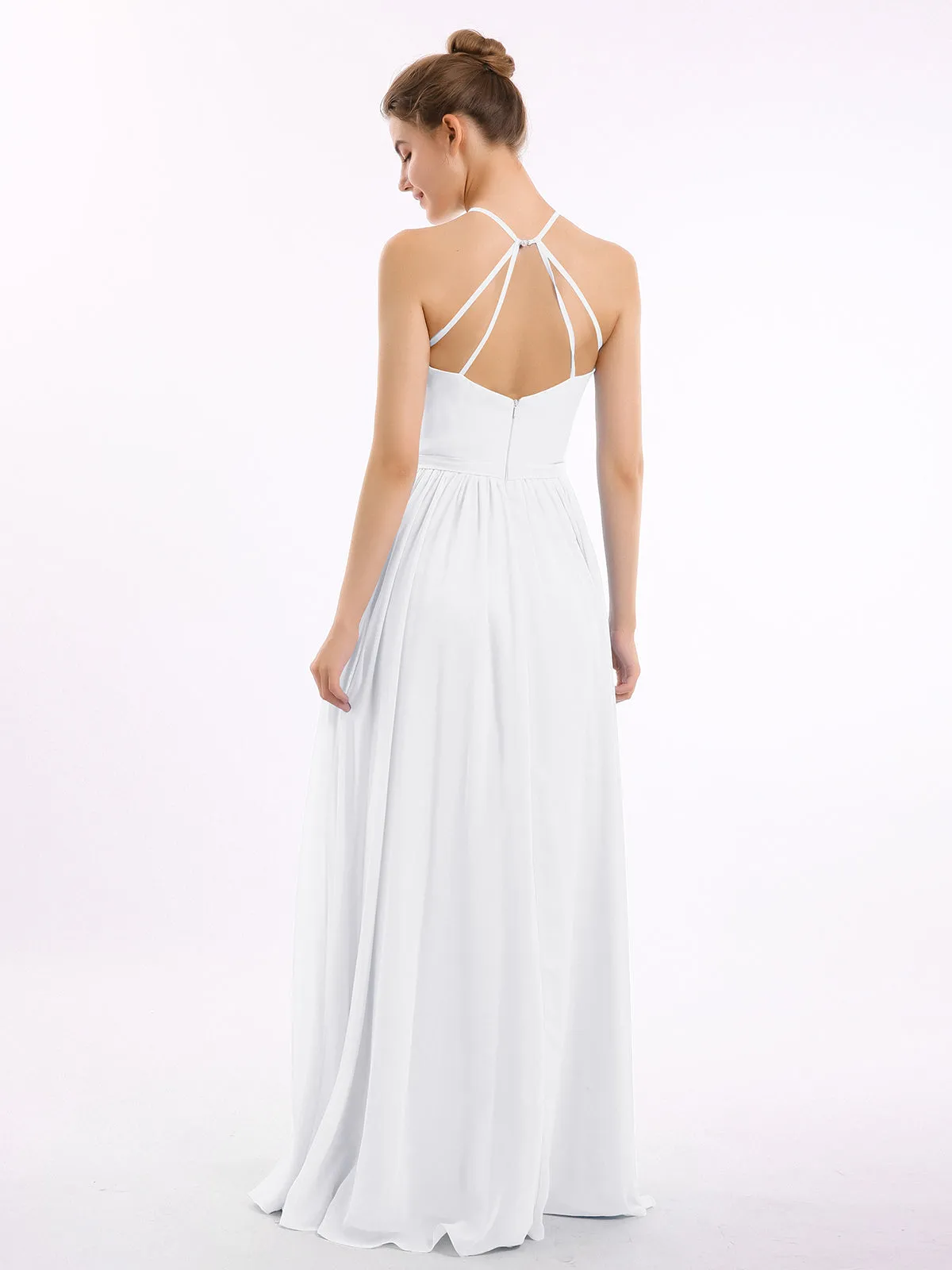 Halter Long Chiffon Gowns with Double Straps-White