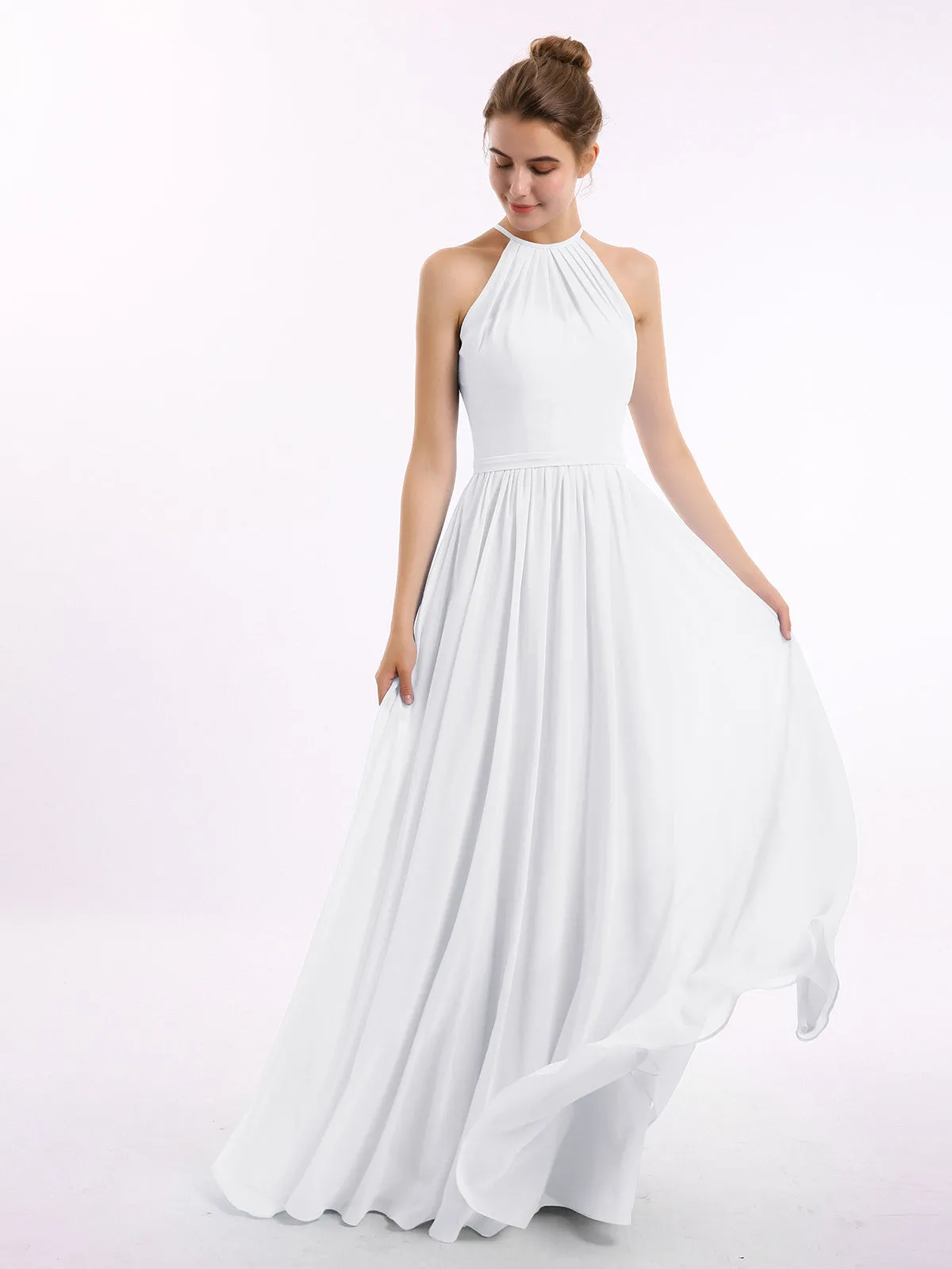Halter Long Chiffon Gowns with Double Straps-White