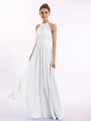 Halter Long Chiffon Gowns with Double Straps-White