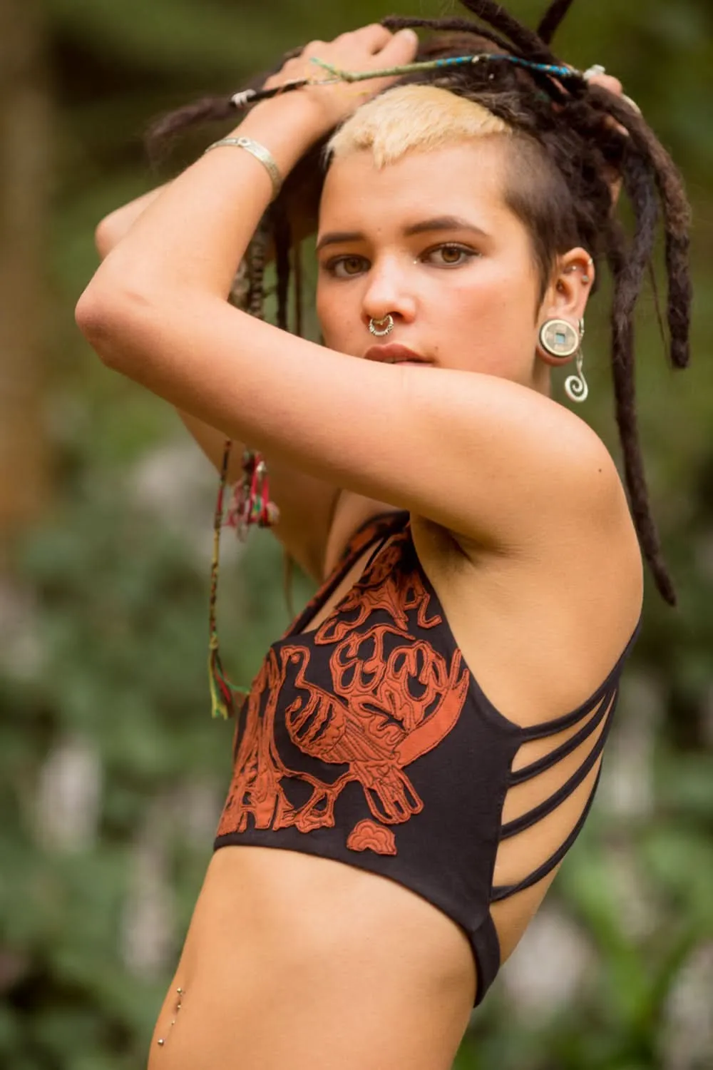 Hand Woven Patchwork Art Yoga Bra - Black/Orange