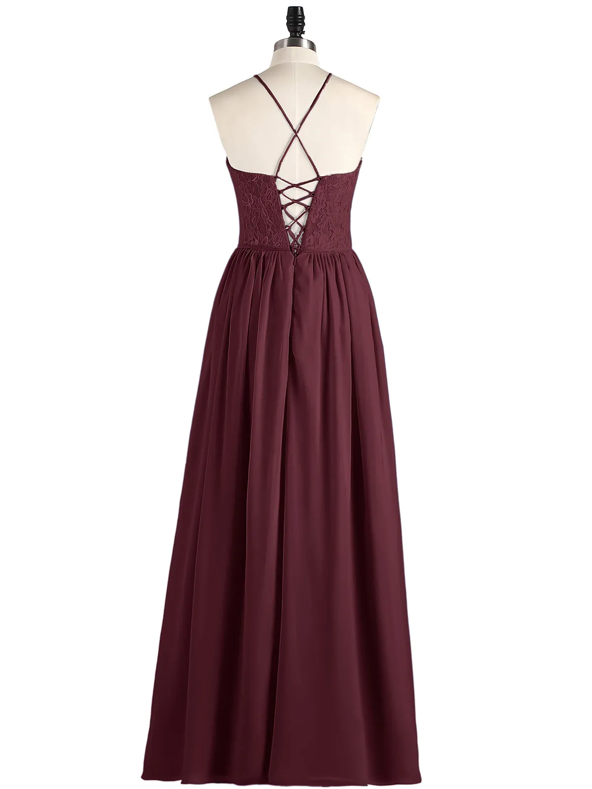 Illusion Neck Lace and Chiffon Maxi Gowns-Cabernet