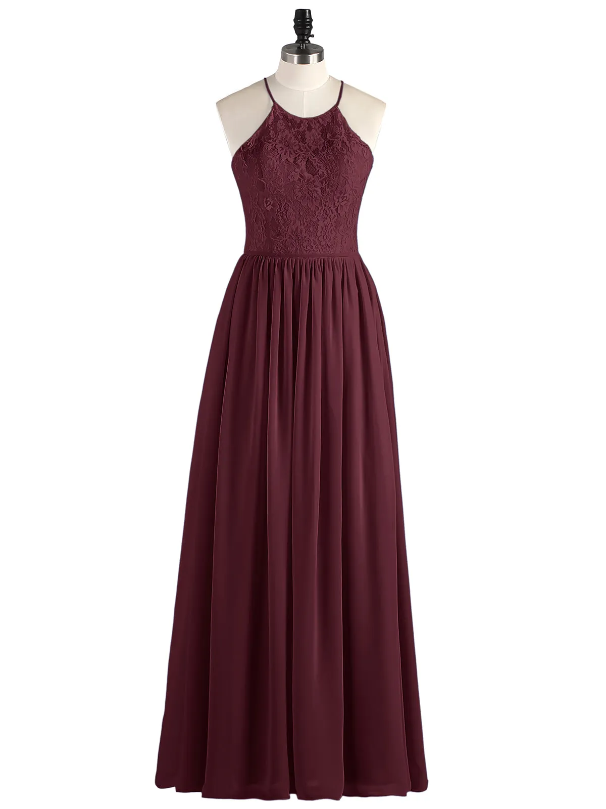 Illusion Neck Lace and Chiffon Maxi Gowns-Cabernet