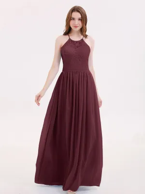 Illusion Neck Lace and Chiffon Maxi Gowns-Cabernet