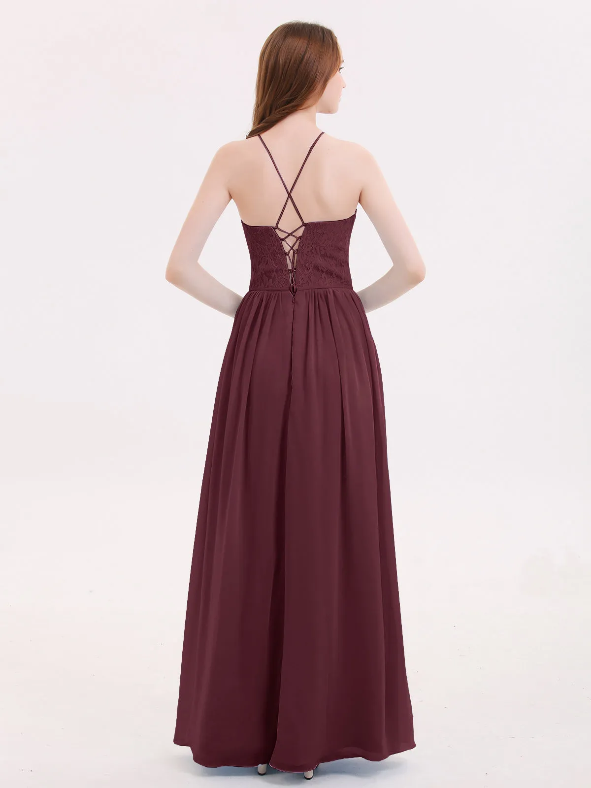 Illusion Neck Lace and Chiffon Maxi Gowns-Cabernet