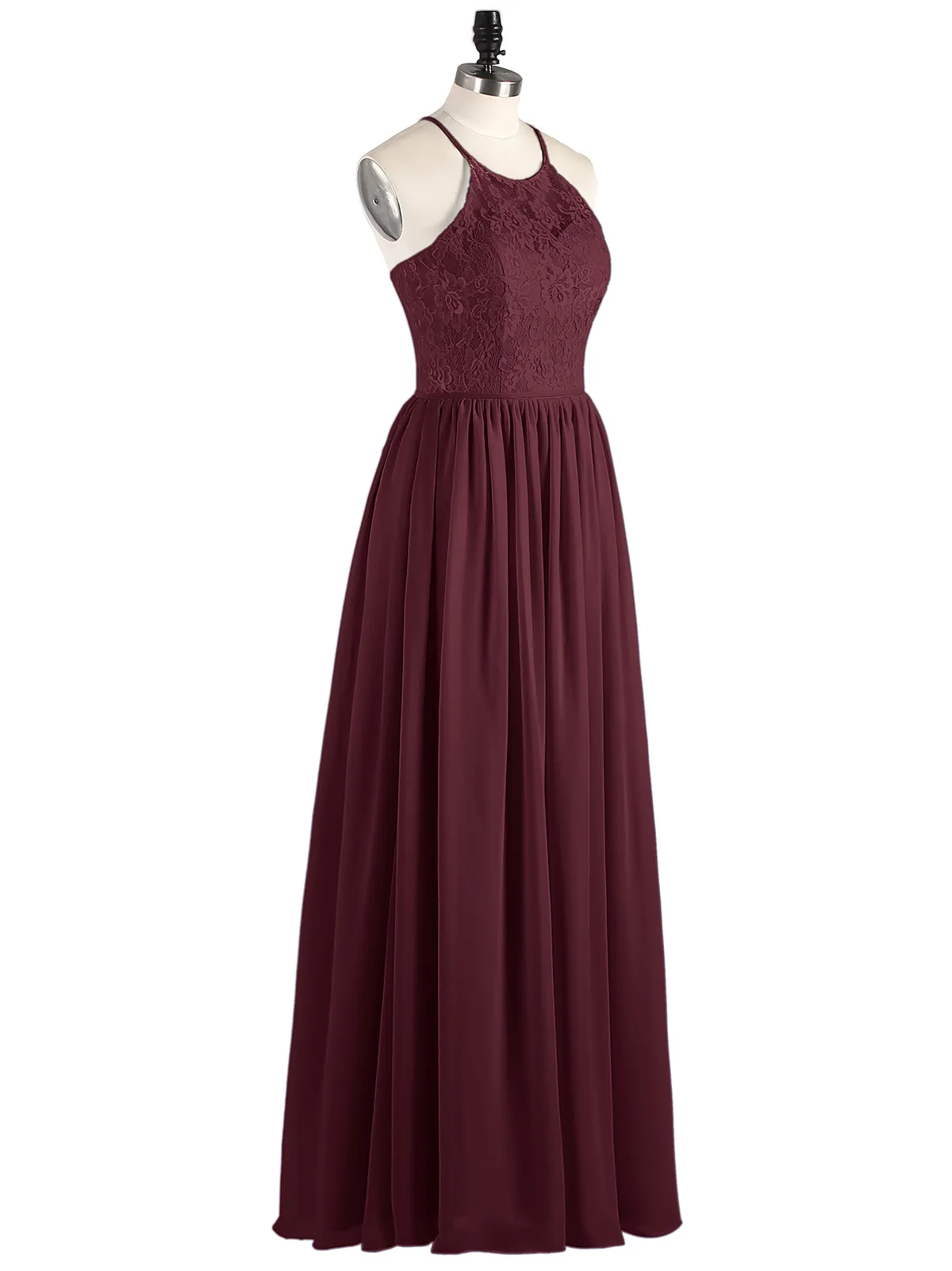 Illusion Neck Lace and Chiffon Maxi Gowns-Cabernet
