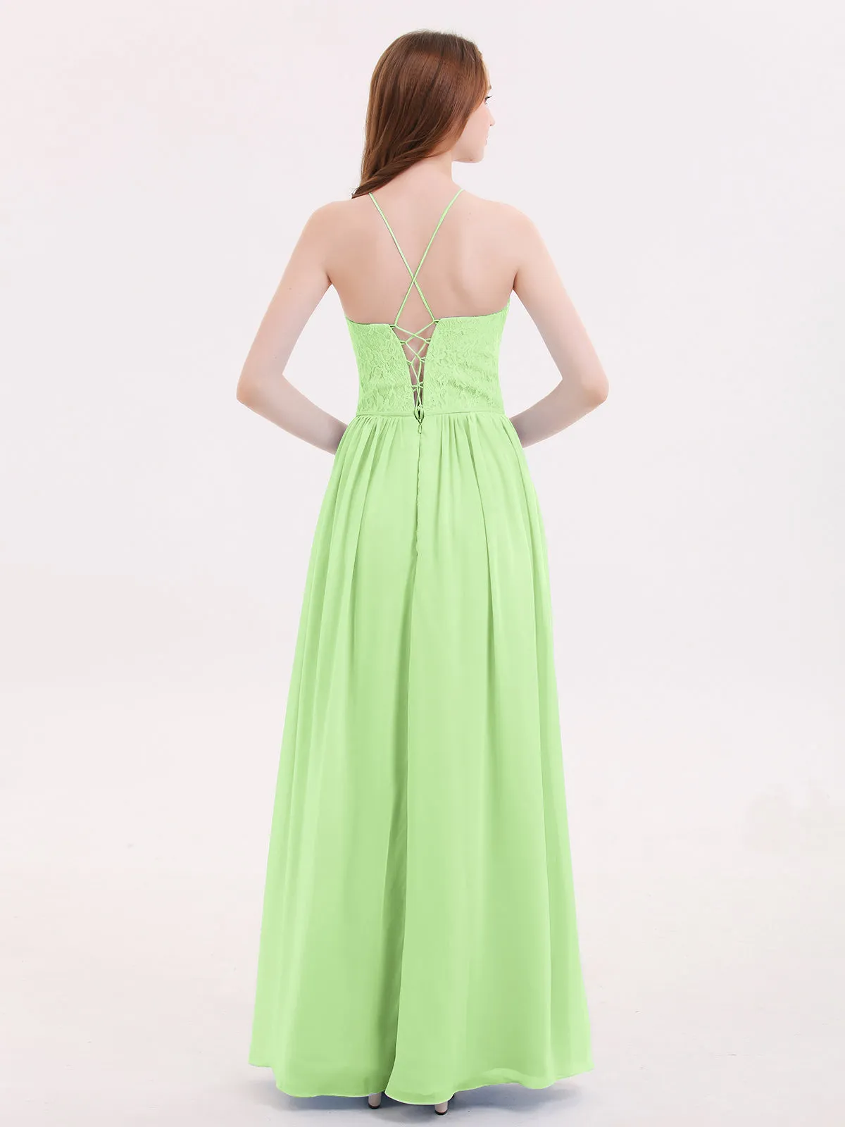 Illusion Neck Lace and Chiffon Maxi Gowns-Sage