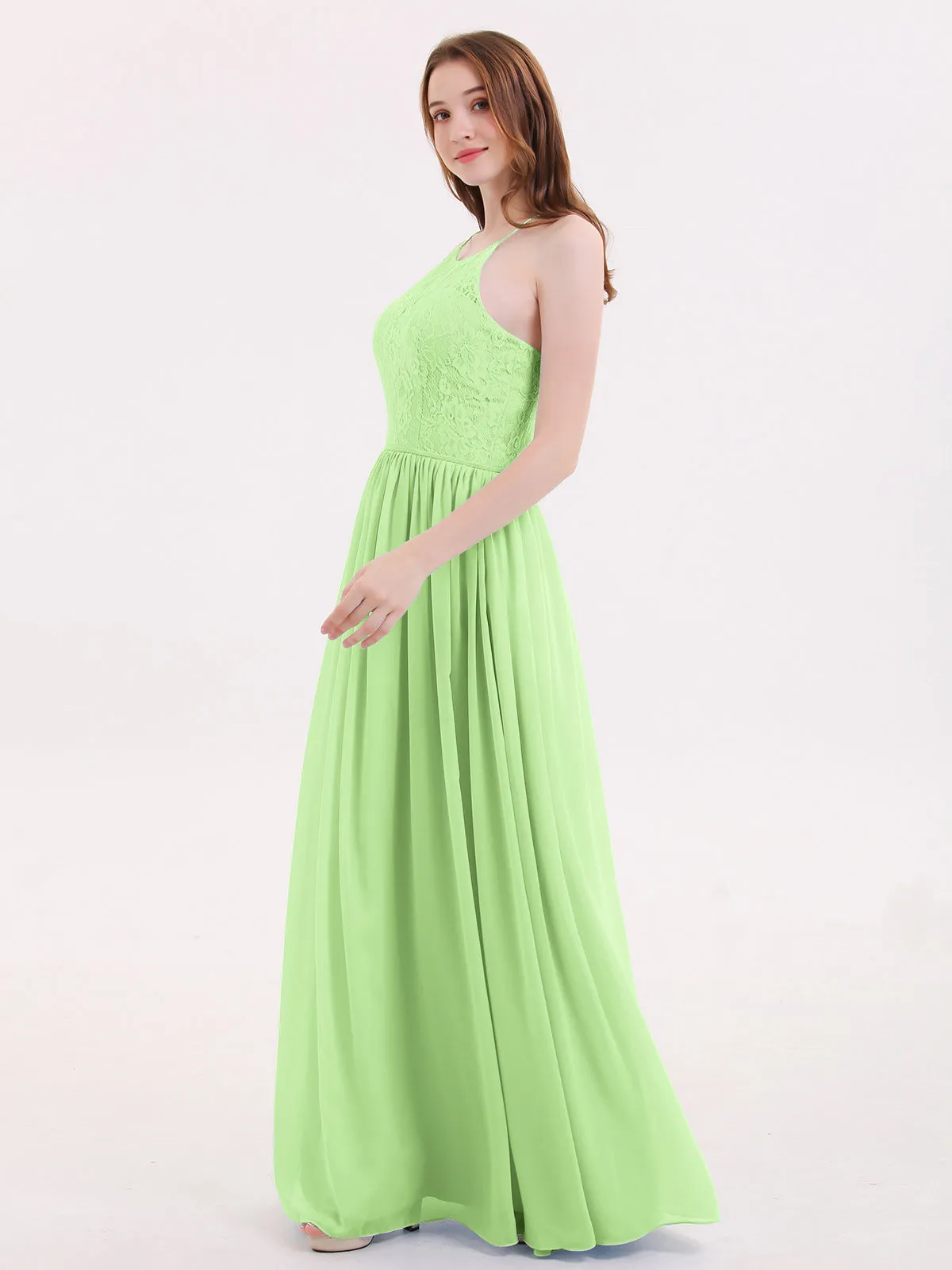 Illusion Neck Lace and Chiffon Maxi Gowns-Sage