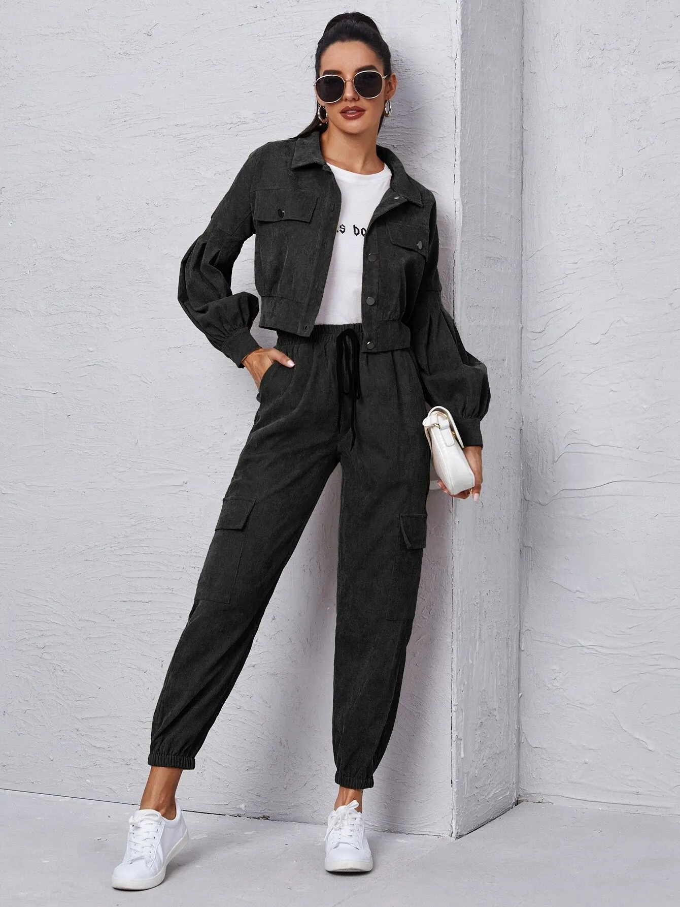 Jacket With Tie Front Cargo Pants