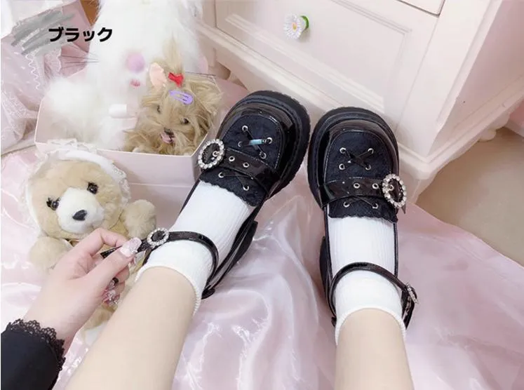 Jirai Kei Black/Pink Platform Shoes With Rhinestones