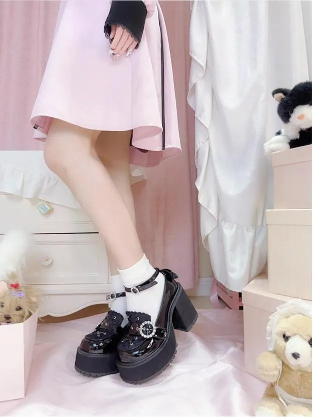 Jirai Kei Black/Pink Platform Shoes With Rhinestones
