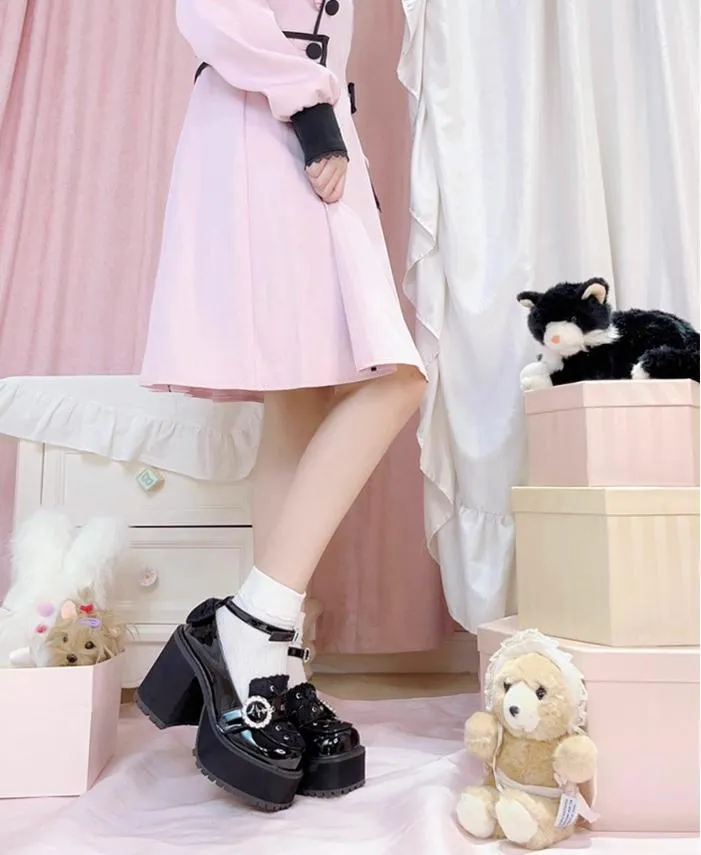 Jirai Kei Black/Pink Platform Shoes With Rhinestones