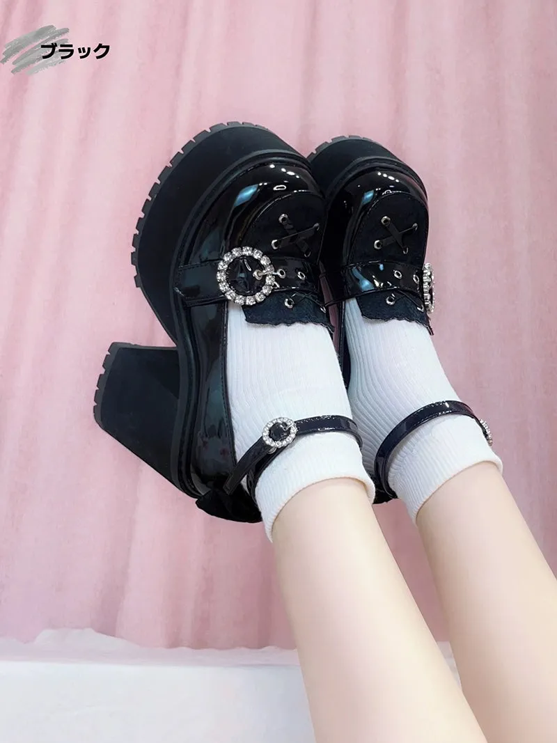 Jirai Kei Black/Pink Platform Shoes With Rhinestones