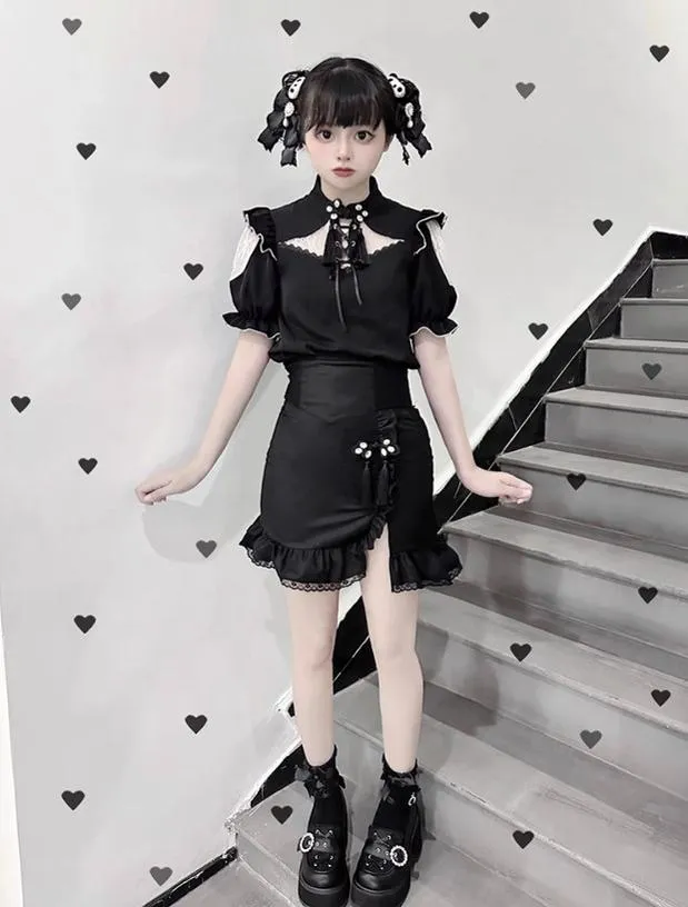 Jirai Kei Black/Pink Platform Shoes With Rhinestones