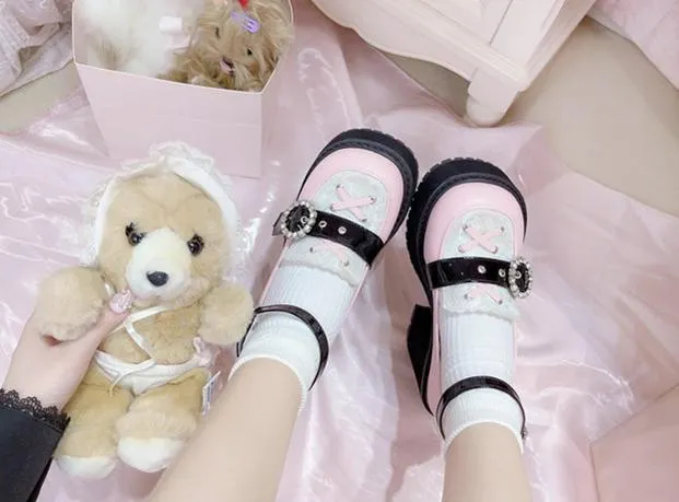 Jirai Kei Black/Pink Platform Shoes With Rhinestones