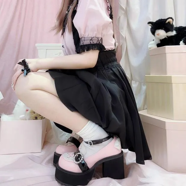 Jirai Kei Black/Pink Platform Shoes With Rhinestones