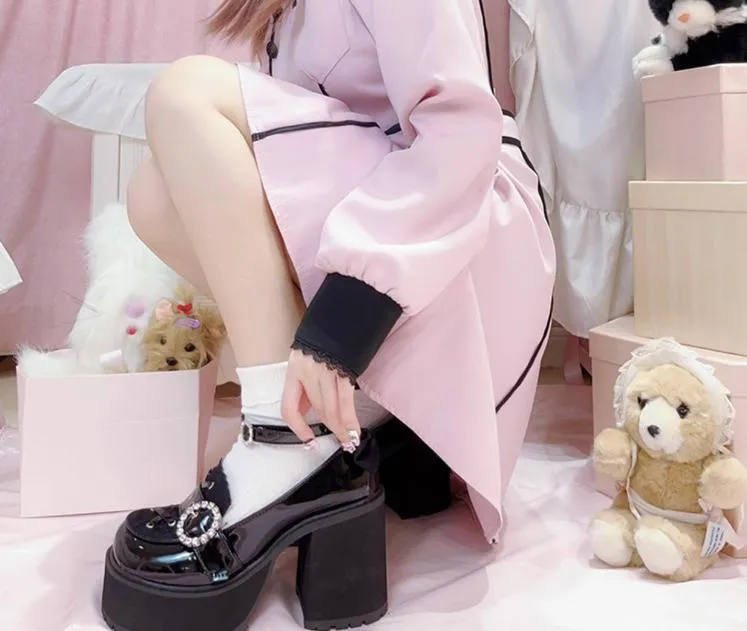 Jirai Kei Black/Pink Platform Shoes With Rhinestones