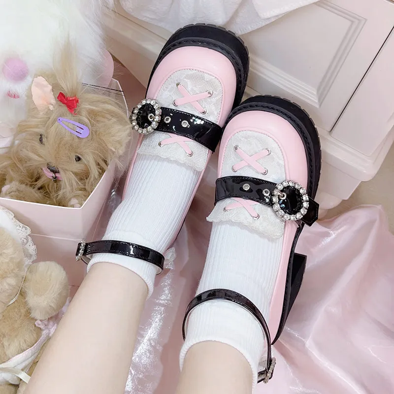 Jirai Kei Black/Pink Platform Shoes With Rhinestones