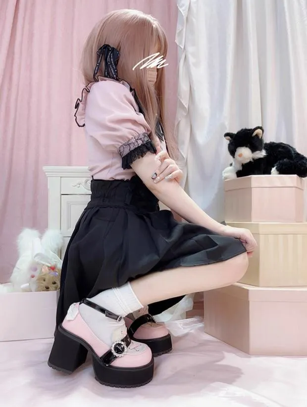 Jirai Kei Black/Pink Platform Shoes With Rhinestones