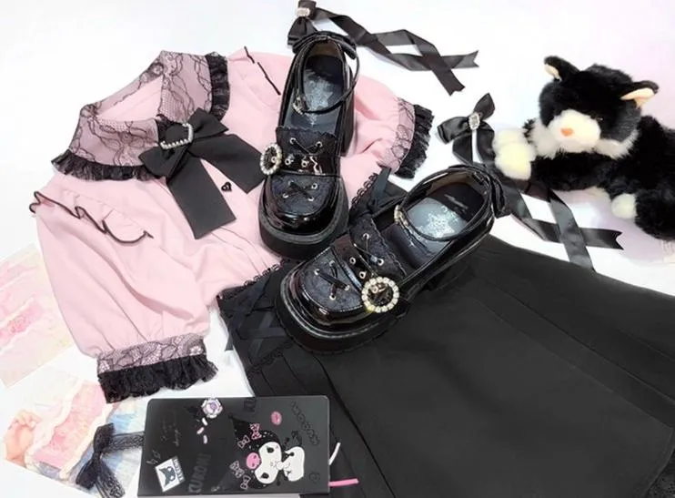 Jirai Kei Black/Pink Platform Shoes With Rhinestones