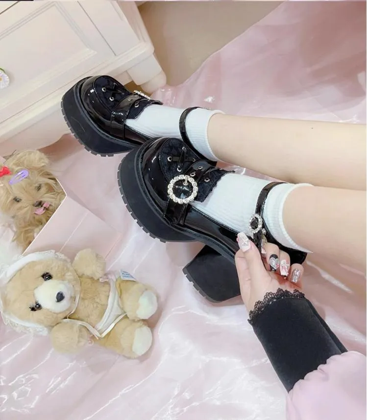 Jirai Kei Black/Pink Platform Shoes With Rhinestones