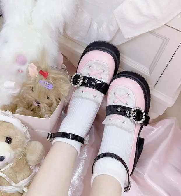 Jirai Kei Black/Pink Platform Shoes With Rhinestones