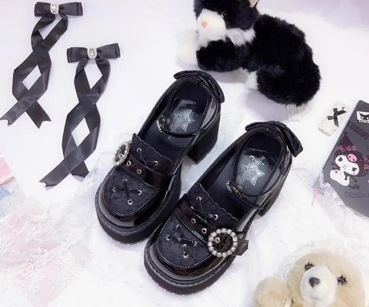 Jirai Kei Black/Pink Platform Shoes With Rhinestones