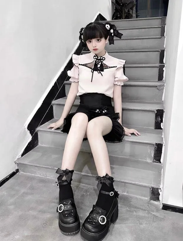Jirai Kei Black/Pink Platform Shoes With Rhinestones