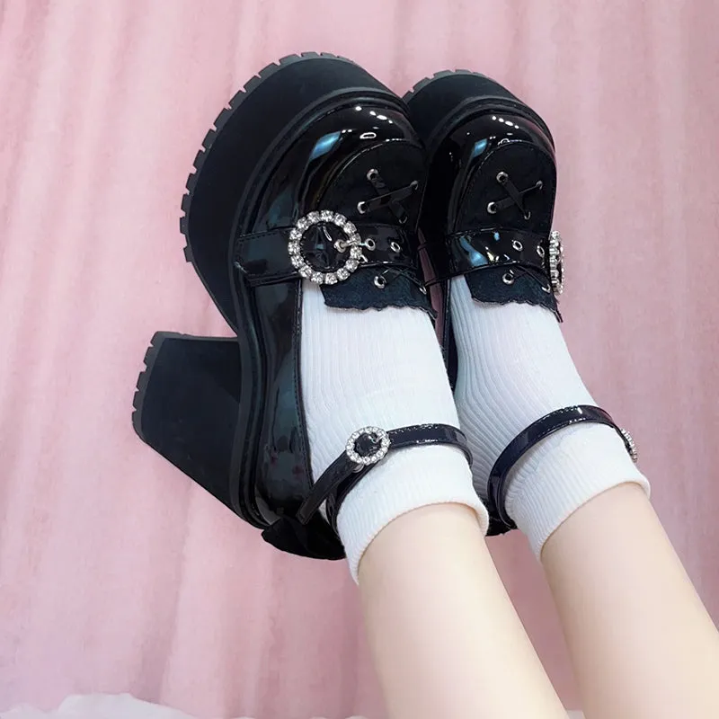 Jirai Kei Black/Pink Platform Shoes With Rhinestones