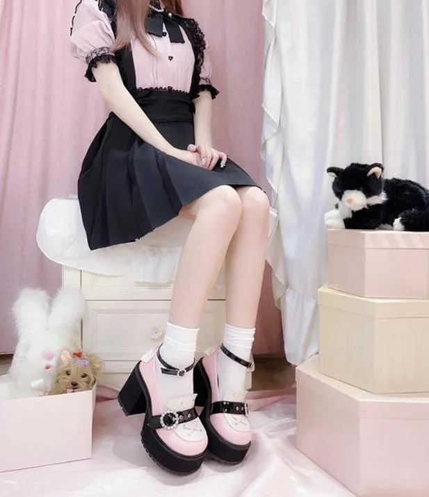 Jirai Kei Black/Pink Platform Shoes With Rhinestones