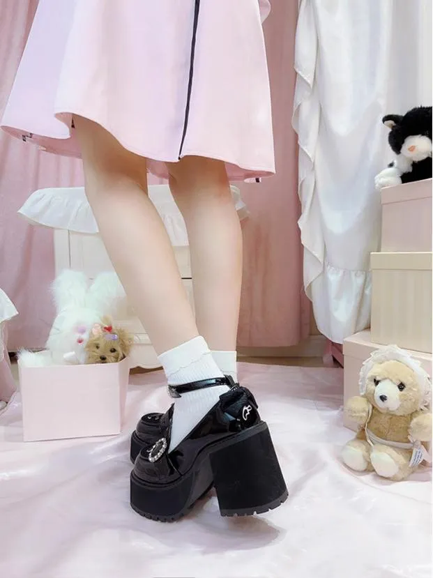 Jirai Kei Black/Pink Platform Shoes With Rhinestones