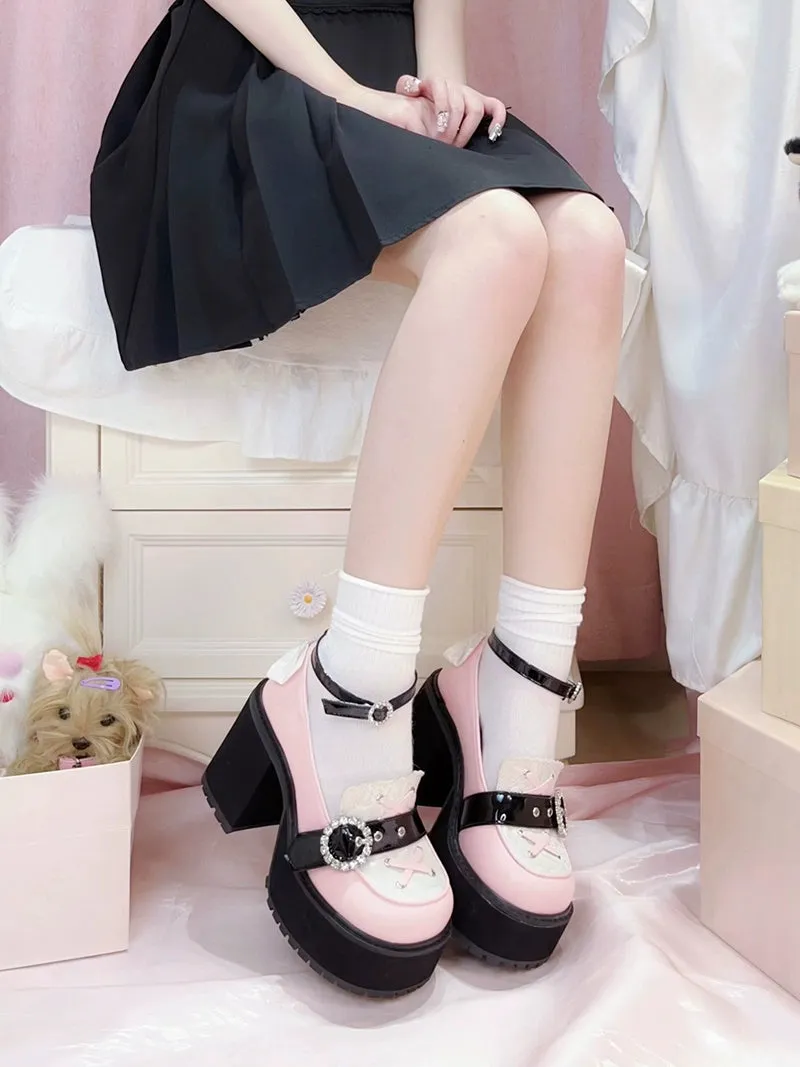 Jirai Kei Black/Pink Platform Shoes With Rhinestones
