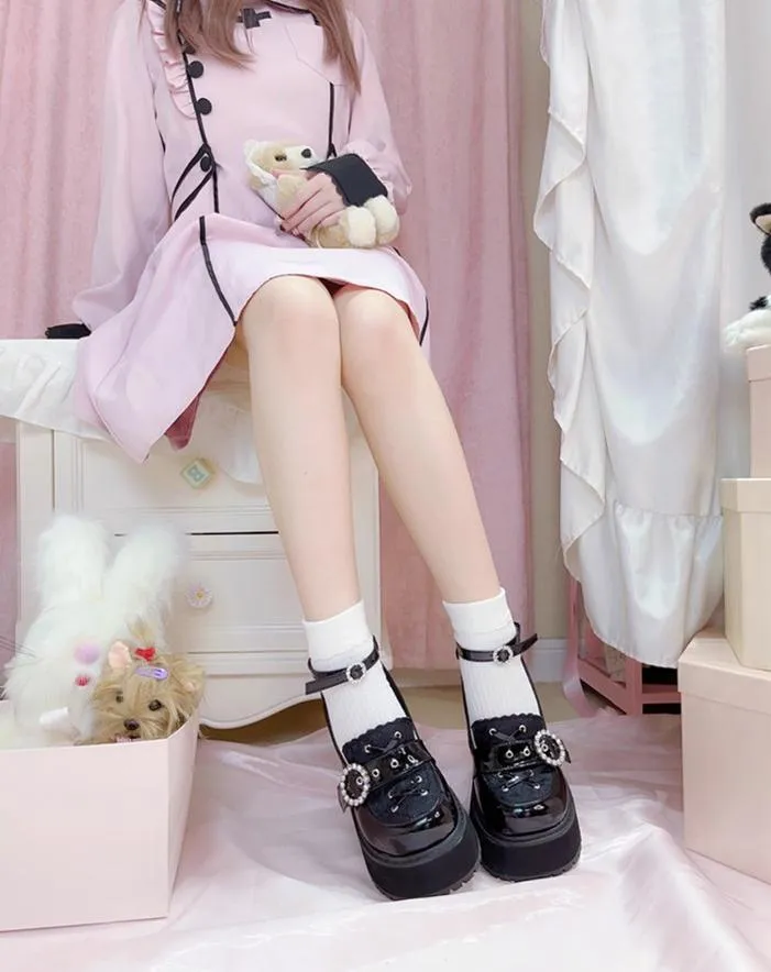 Jirai Kei Black/Pink Platform Shoes With Rhinestones